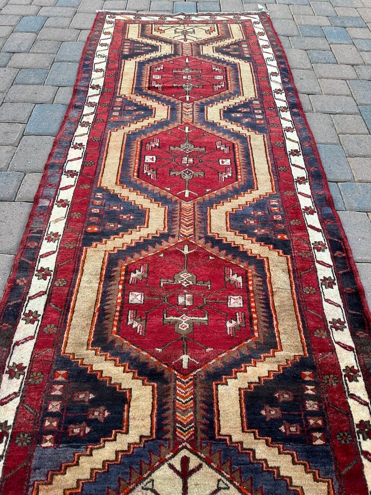 Handmade Vintage Tribal & Geometric Colorful Turkish Runner, Distressed, 4x10