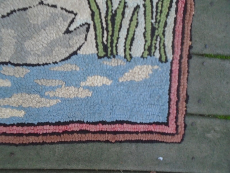 Vintage Folk Art Two Swans on Pond Hooked Rug 23" x 34 " gallery