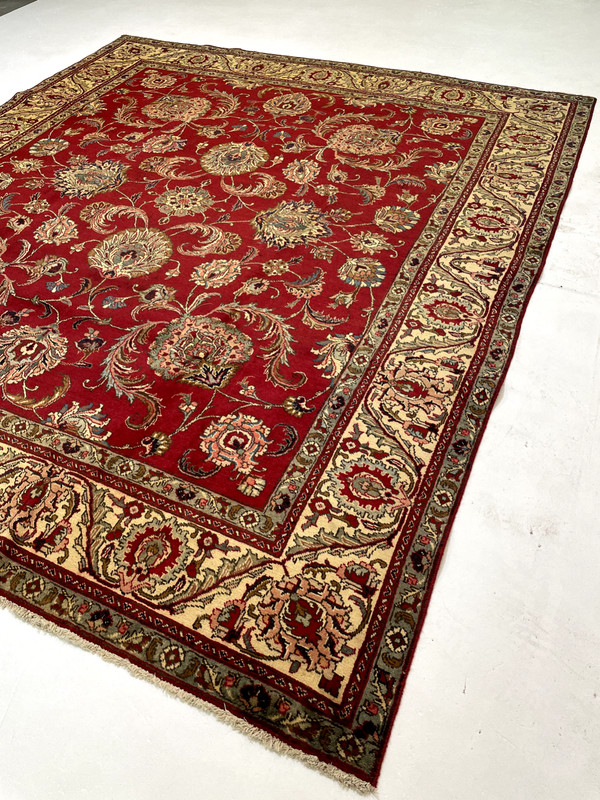 Antique Oriental Hand-Knotted Wool Area Rug Red/Ivory/Blue/Salmon 9'3" x 10'11" gallery