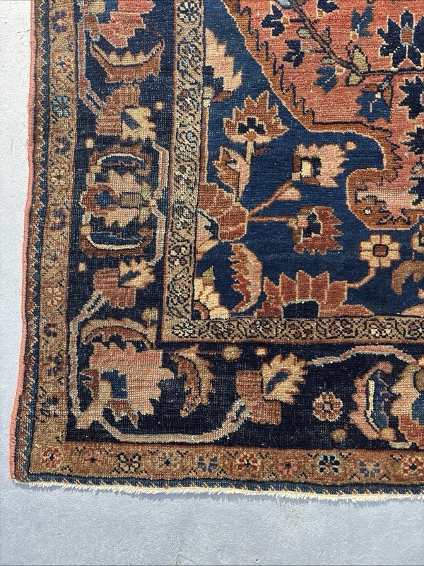 Mohajeran-Saroukk 4 X 6 Antique Rug C. 1920 Blush Rose Field Navy Blue Wet Sand gallery