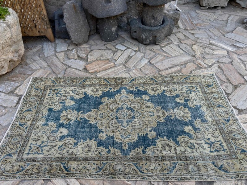 Hand-Knotted Vintage Rug 4x6 Blue Cotton Traditional Carpet Medium Size Anatolia gallery