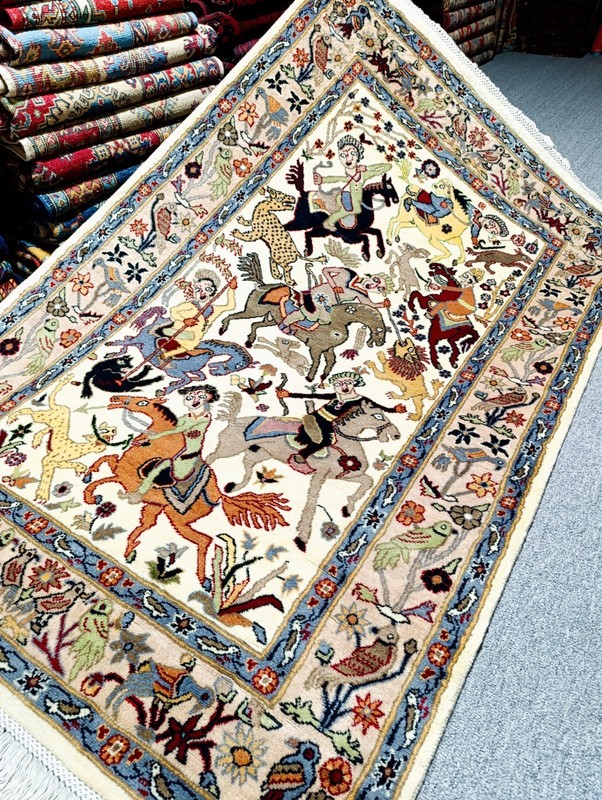 Vintage Kashmiri Hunting Scene Pictorial Rug Hand Knotted Wool 4x6.3 ft gallery