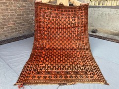 Vintage Afghan Hand Knotted Tribal Wool Rug Orange Geometric Rare Nomadic Rug