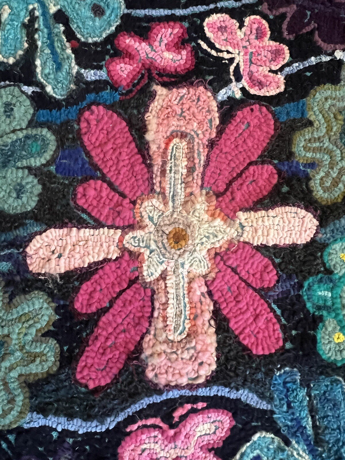 Contemporary Hand Hooked Rug Abstract Folk Art Bright Colors Aqua Green Pink gallery