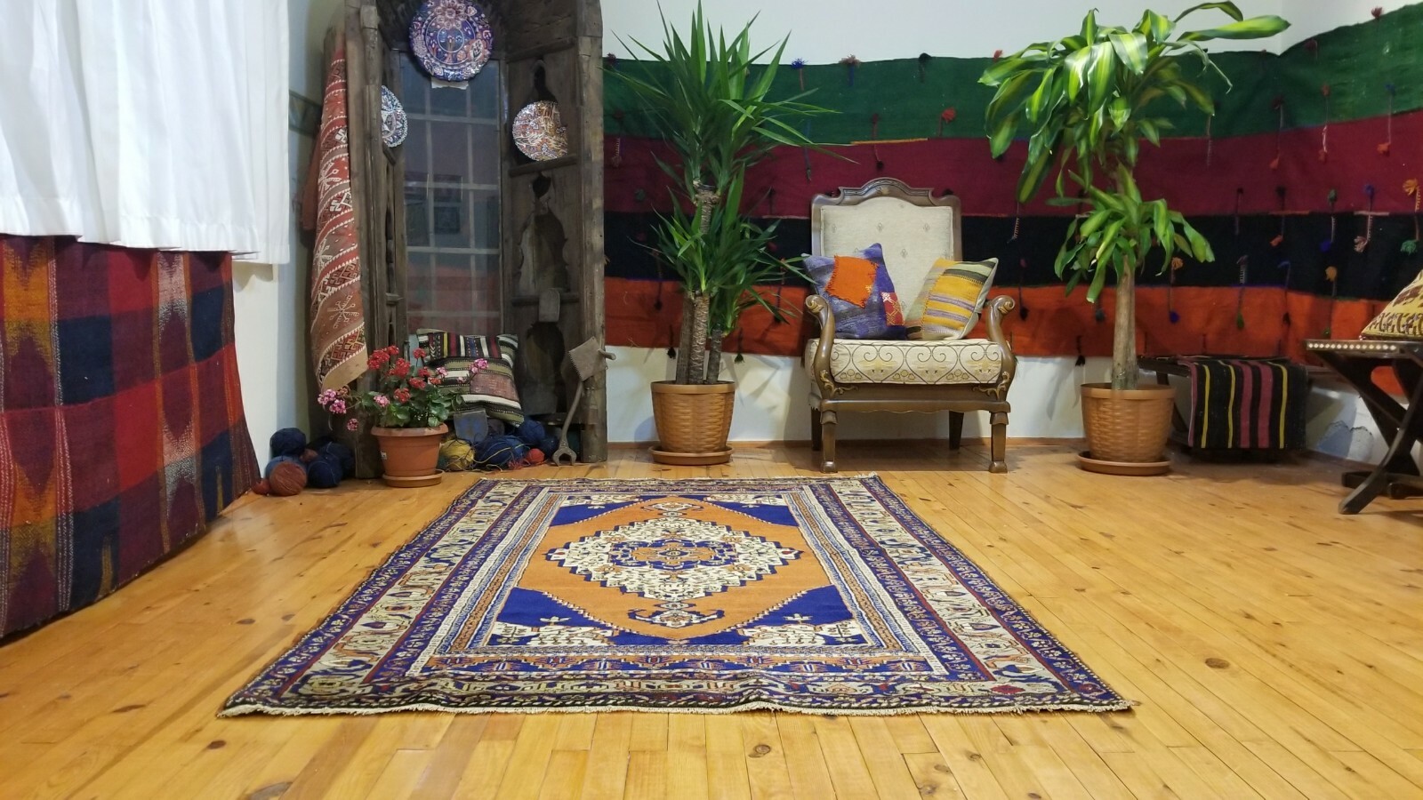 Beautiful Vintage 1950-1960s Wool Pile, Henna Dye Tribal Dowry Rug 4’4”x 6’6” gallery