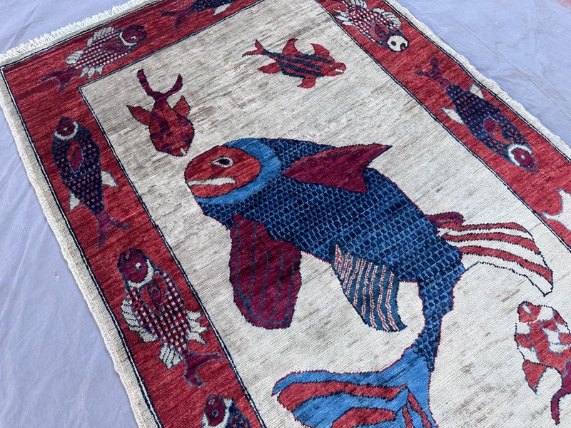 Hand Knotted Afghan Wool Rug 3x5 Pictorial Fish Red Border Area Carpet gallery