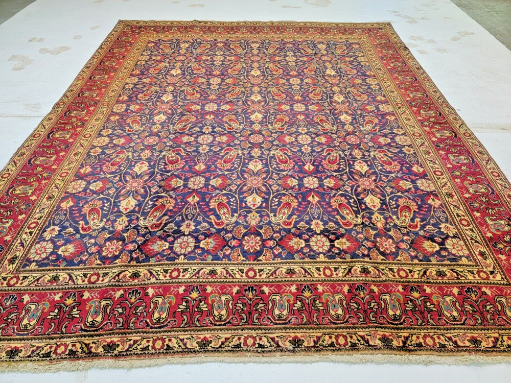 Antique Oriental Hand-Knotted Wool Area Rug Blue/Red 10' x 13"