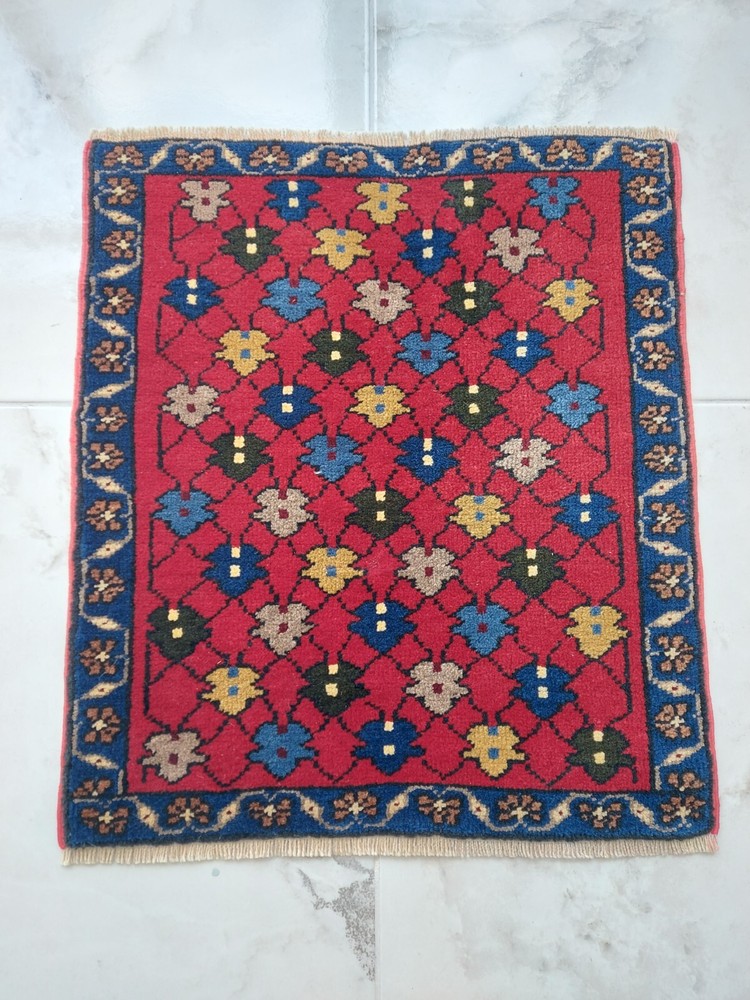1900s Square Handmade Antique Rug Blue Floral Geometric Rug Free Shipping Rug