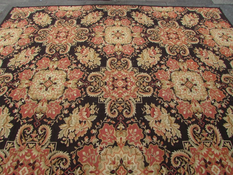 Vintage Hand Made French Design Wool Black Orange Original Aubusson 441x310cm gallery