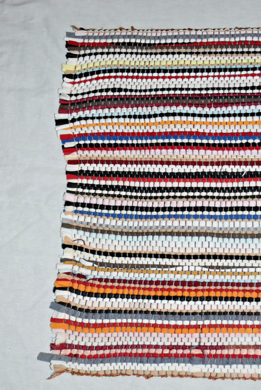 PRIMITIVE VINTAGE striped RAG RUG BLUE white red+ 44 1/2" X 24 1/2" FARM EUC gallery