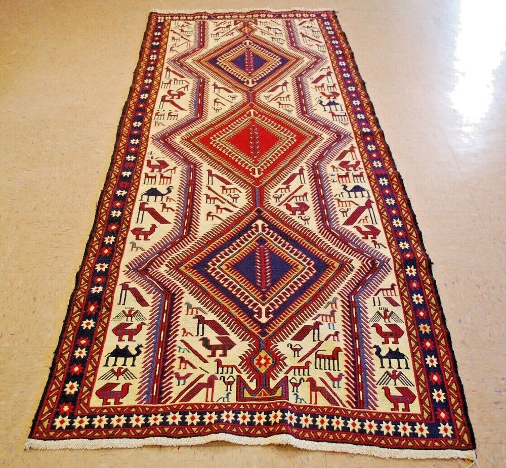 c1930s ANTIQUE SO MUCH DETAILS CAUCASIAN SOUMAK KILIM 3.5x8.11 CRITTER LOVERS