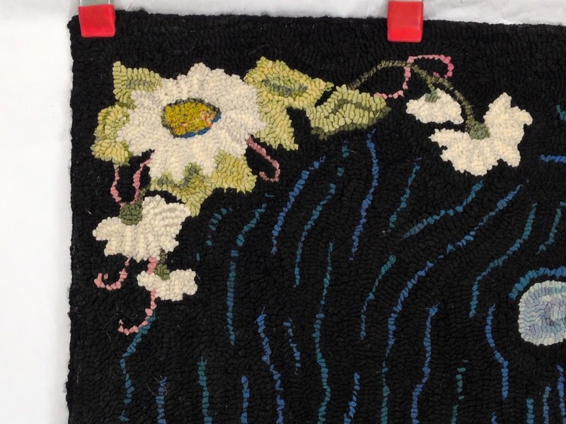 Antique VTG Hooked Rug Wool Cat Kitten In Hat 35x30 Hand Made Black White Floral gallery