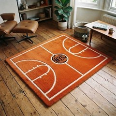 Basketball Court Wool Area Rug Sports Theme Carpet for Playroom & Home Décor