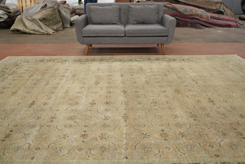 Antique Muted Distressed Gold Wool Vegetable Dye Handmade Living Room Rug 9x13 gallery