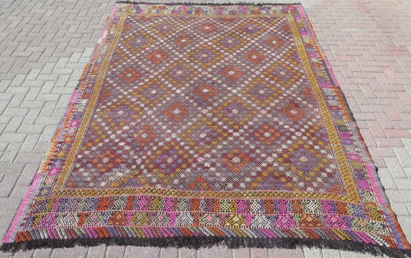 Oversize Turkish Kilim Rug, Area Rugs, Handmade Wool Floor Carpet Kelim 92"x129" gallery