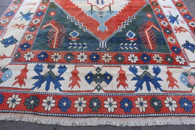 Vintage Traditional Hand Made Turkish Oushak Oriental Wool Green Carpet 345x253 gallery