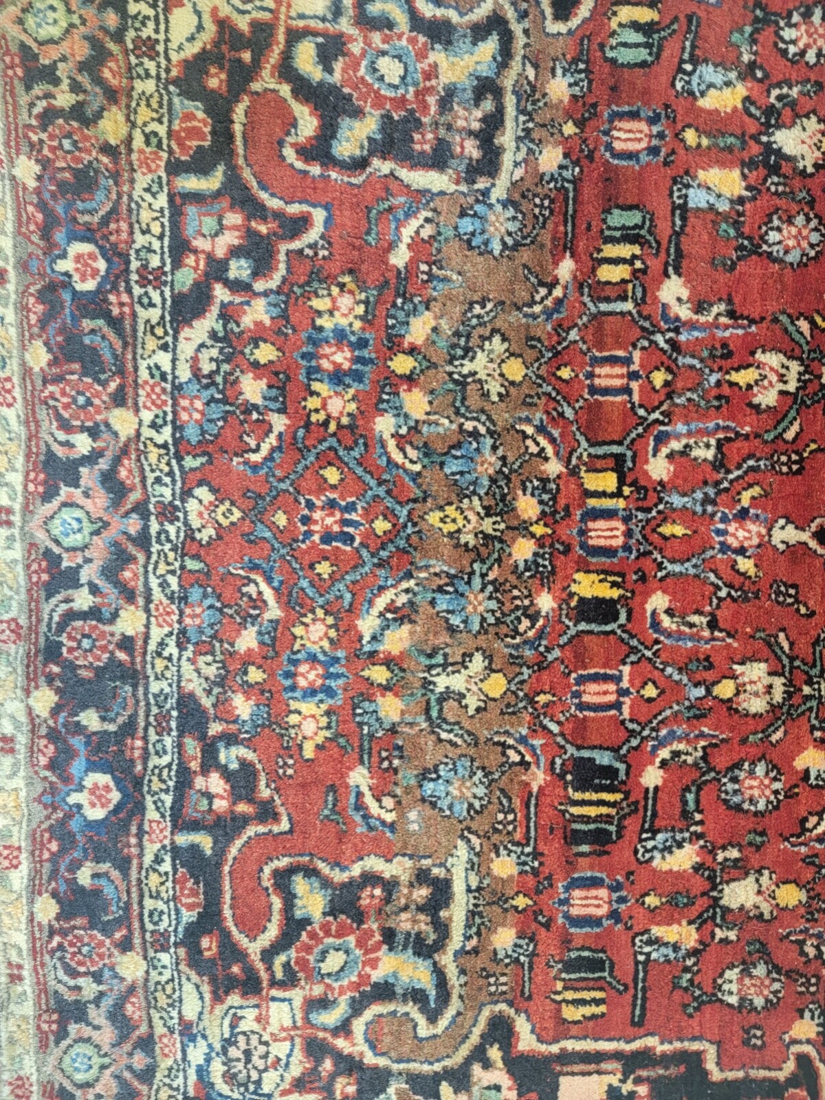 Antique Oriental Hand-Knotted Wool Area Rug Red/Navy Blue/Green 3'3" x 4'10" gallery