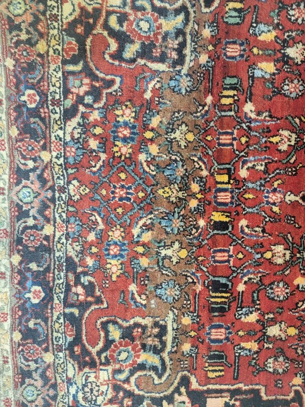 Antique Oriental Hand-Knotted Wool Area Rug Red/Navy Blue/Green 3'3" x 4'10" gallery