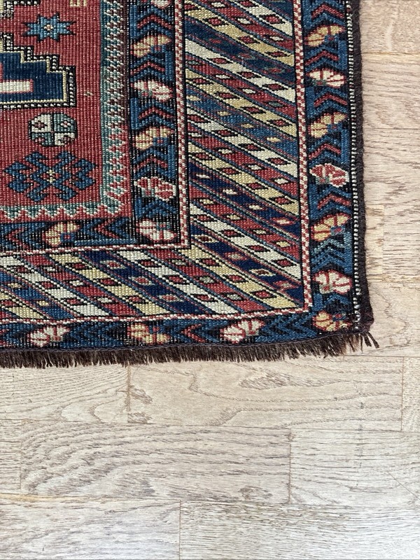1840’s-1860’s Antique Caucasian Kuba Lesghi Star Rug 3x4 Ivory Blue Bronze Rose gallery
