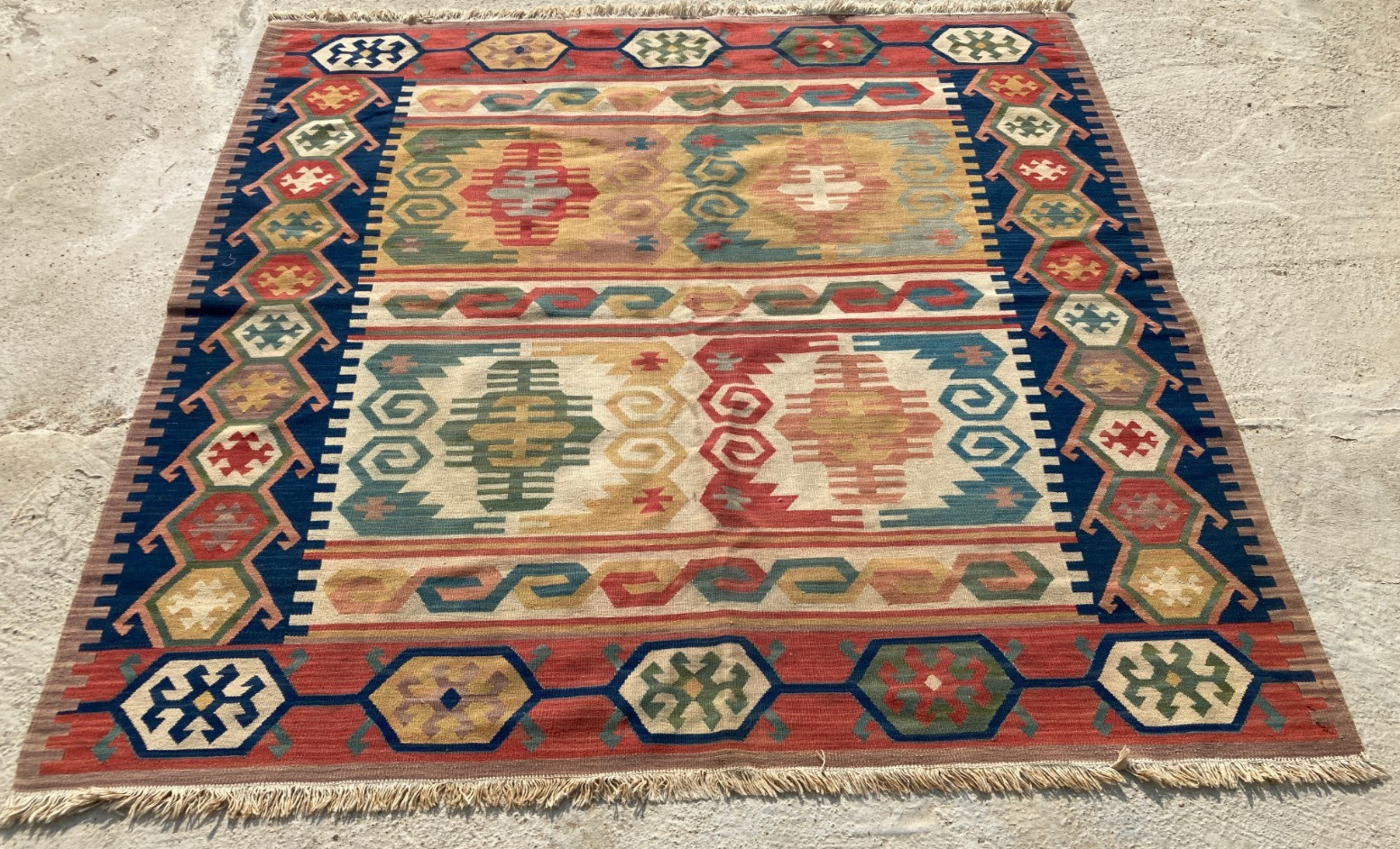 Vintage Traditional Handmade Turkish Geometric Wool Kilim Rug 156x153 cm gallery