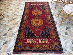Distressed Vintage Turkish Rug 4×8 ft Hand-Knotted Wool Red Runner Carpet 1980s