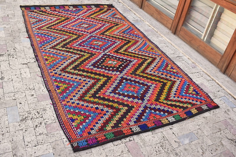 Turkey Rug 70''x124'' Handwoven 180x317cm Neon Color Cicim Kilim 5x10 Tent Rug gallery