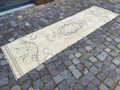 Vintage Turkish Runner Rug, Hand-Knotted Wool, Cream Black Minimalist Runner