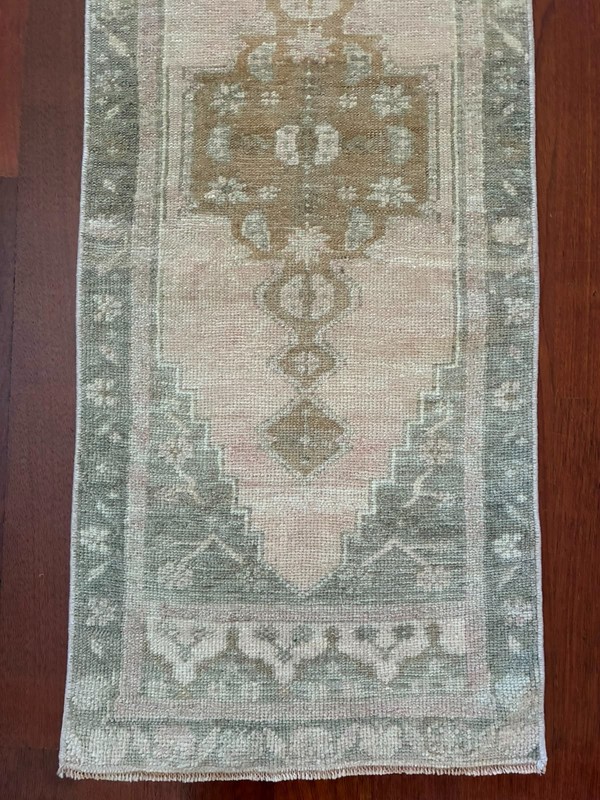Muted Pastel 2x4 Small Runner Pink Green Cream Wool Hand Knotted Vintage Rug gallery