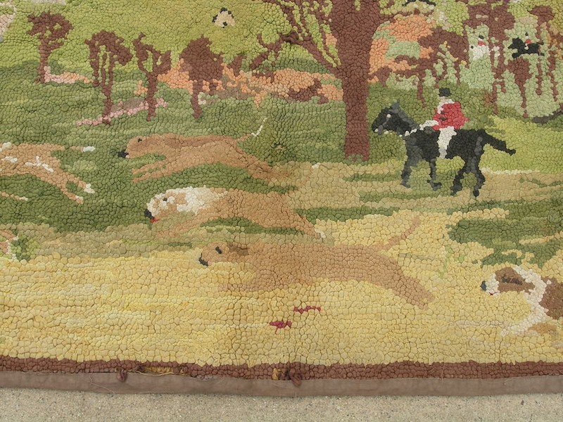 Antique Primitive American Hooked Rug on Burlap Fox Hunt Scene Dogs Horse Riders gallery
