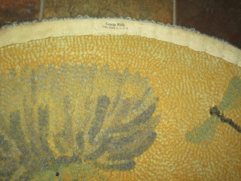 Vintage Original GEORGE WELLS HOOKED RUG Dragonfly & Thistle Signed/Tagged 25x18 gallery