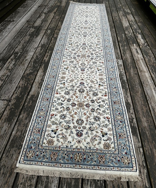 Fine Quality New Handmade Silk & Wool White Oriental Runner, Floral Design, 3x12 gallery