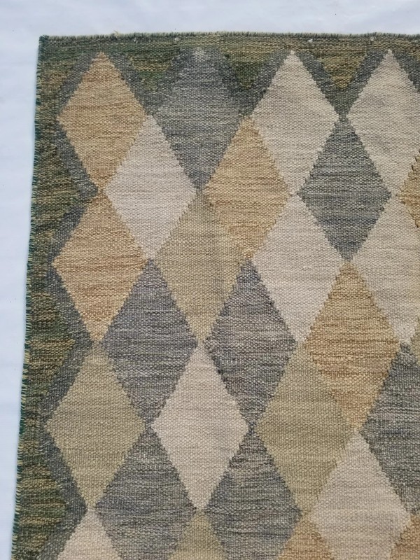 Vintage Handmade Traditional Geometric Beige Green Kilim Rug Carpet 232x151cm gallery