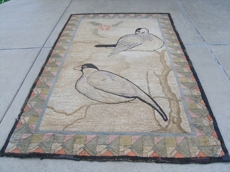 19th C Large American Pictorial Hooked Rug on Burlap Doves Tree Branches 6x9 ft gallery