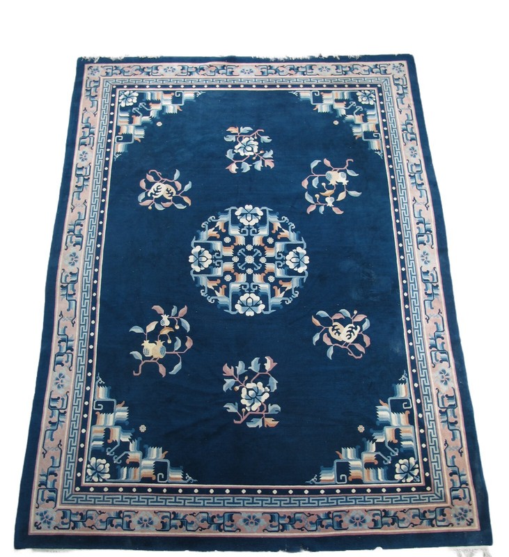 Blue Flowering Vintage Chinese Art Deco Rug, 12 ft 3 in x 9 ft gallery