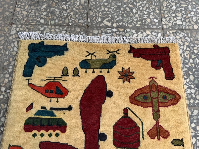 2x2.8 Afghan Hand Knotted War Rug Drone Pistols Wool Carpet New gallery