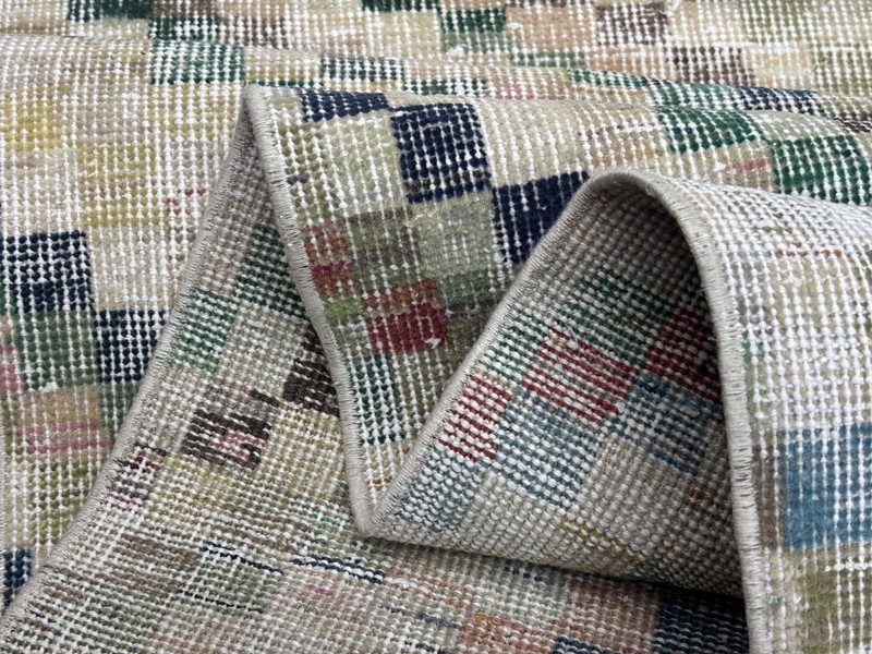 3x9 Check Vintage Turkish Runner, Hand-Knotted Distressed Colorful Oushak Runner gallery