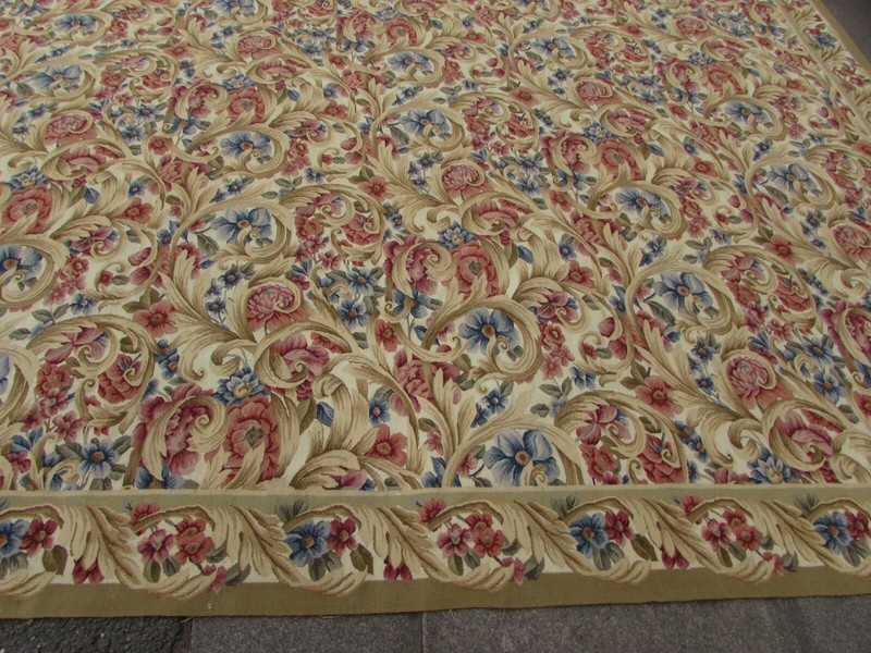 Vintage Hand Made French Design Wool Beige Red Blue Original Aubusson 440X313cm gallery