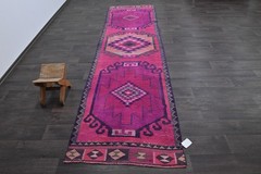 Vintage Turkish Runner Rug 3x11ft Wool Anatolian Handmade Hallway Oushak PINK