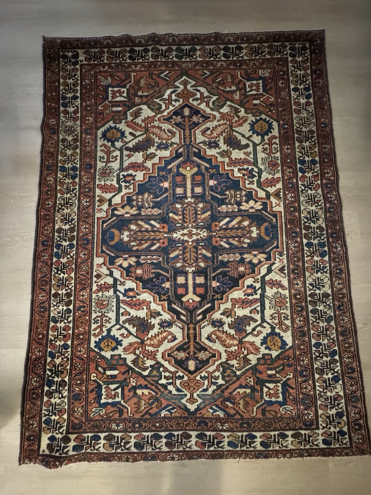 Antique 1920s Malayer Oriental Rug 4x6 | Ivory Field Navy Geometric Medallion gallery
