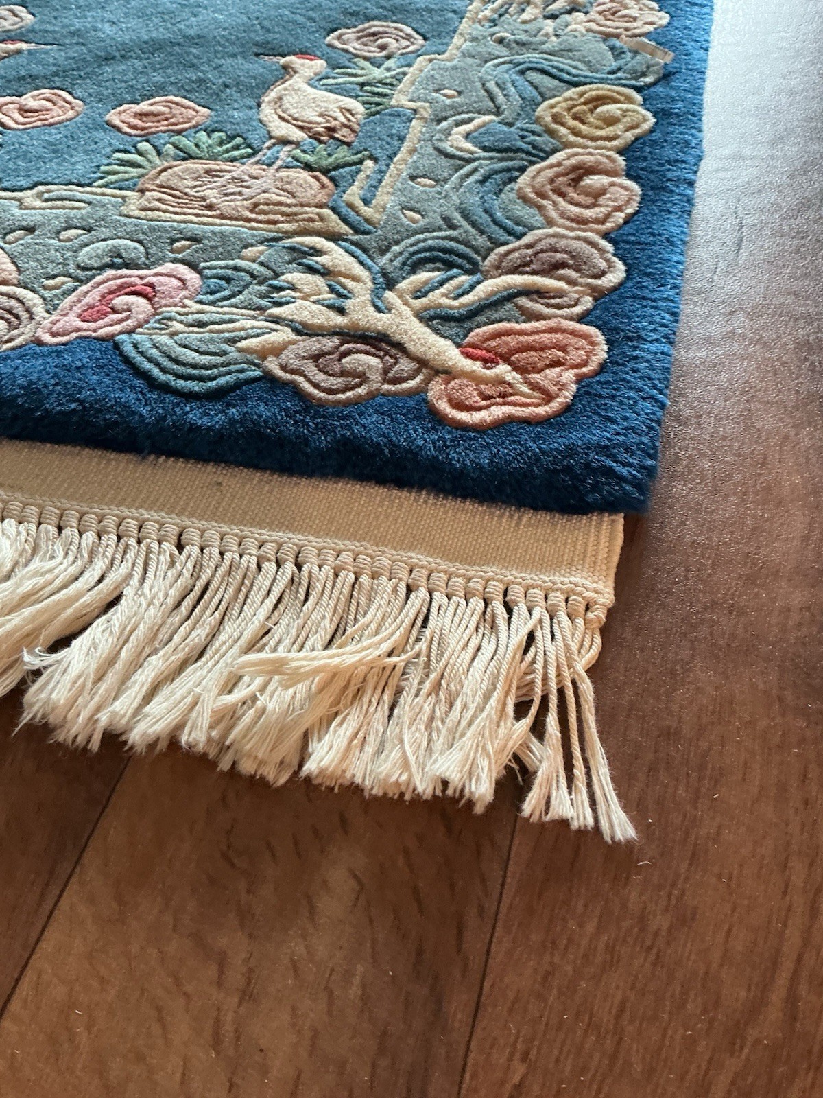 ANTIQUE CHINESE ART DECO PICTORIAL CRANE BIRD THICK BLUE WOOL RUG 5’x2’ gallery
