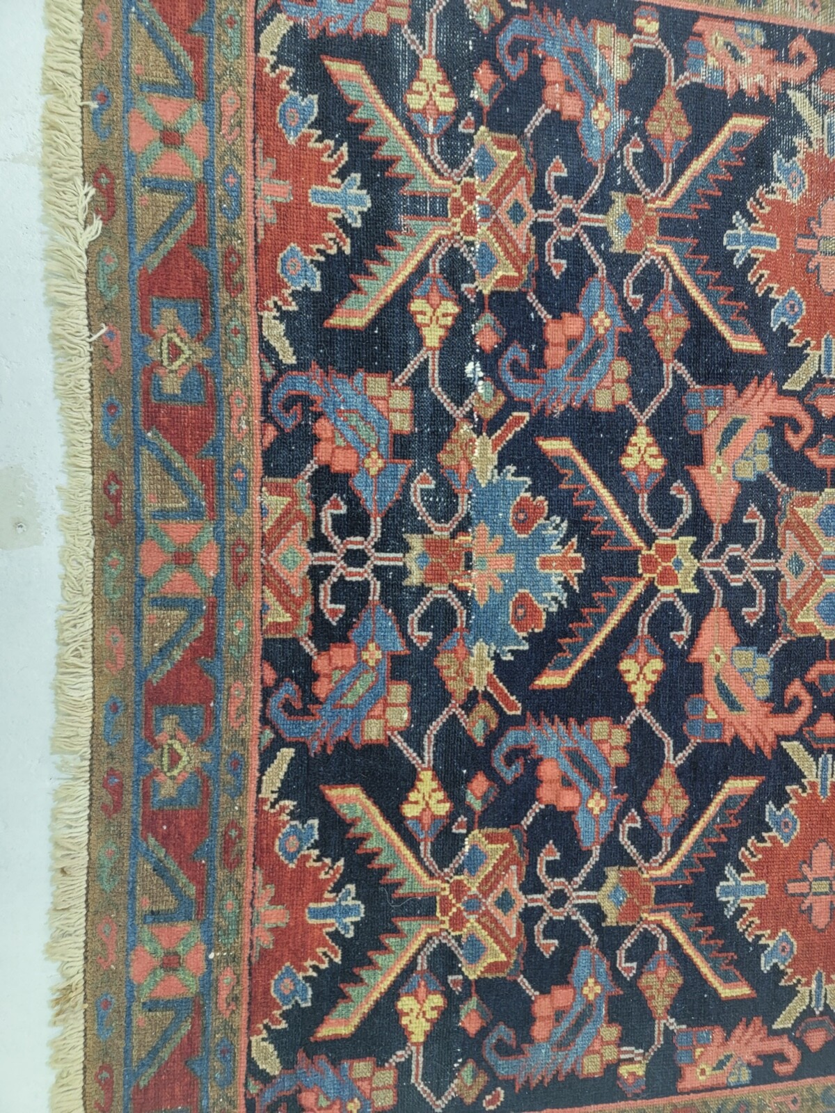 Antique Oriental Hand-Knotted Wool Area Rug Navy Blue/Salmon 4'2" x 5'5" gallery