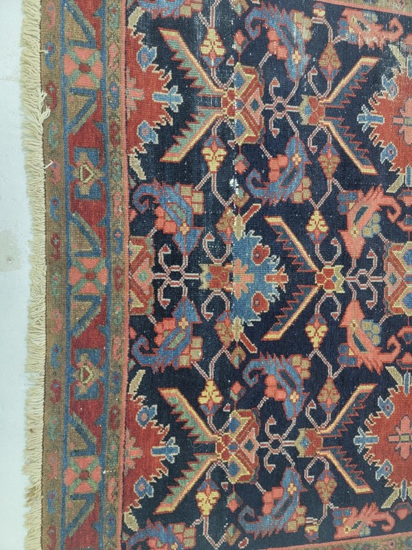 Antique Oriental Hand-Knotted Wool Area Rug Navy Blue/Salmon 4'2" x 5'5" gallery