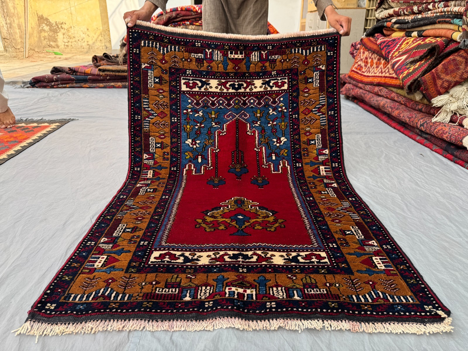 3x4'5 ft Vintage Turkish Hand-Knotted Prayer Rug Red and Mustard Gold Decor Rug gallery