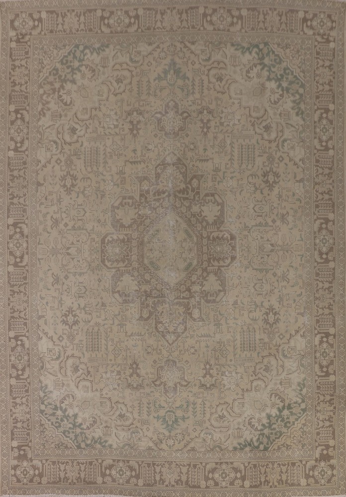 Distressed Muted Area Rug 10x13 Ft Hand-Knotted Beige Medallion Wool Carpet