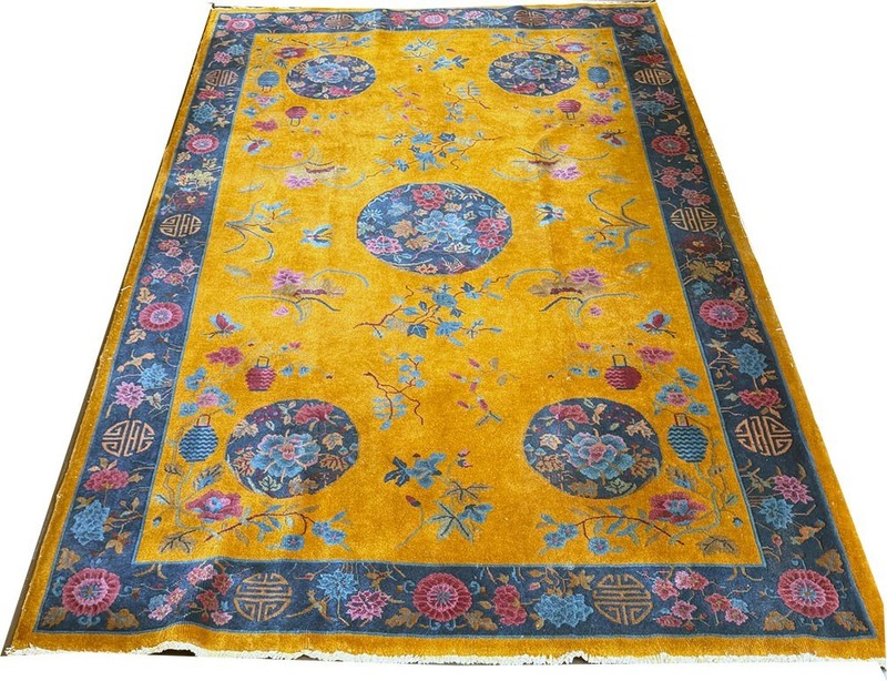 A Stunning Antique 5' x 8' Gold Ground Art Deco Mandarin Chinese Rug Circa 1920 gallery