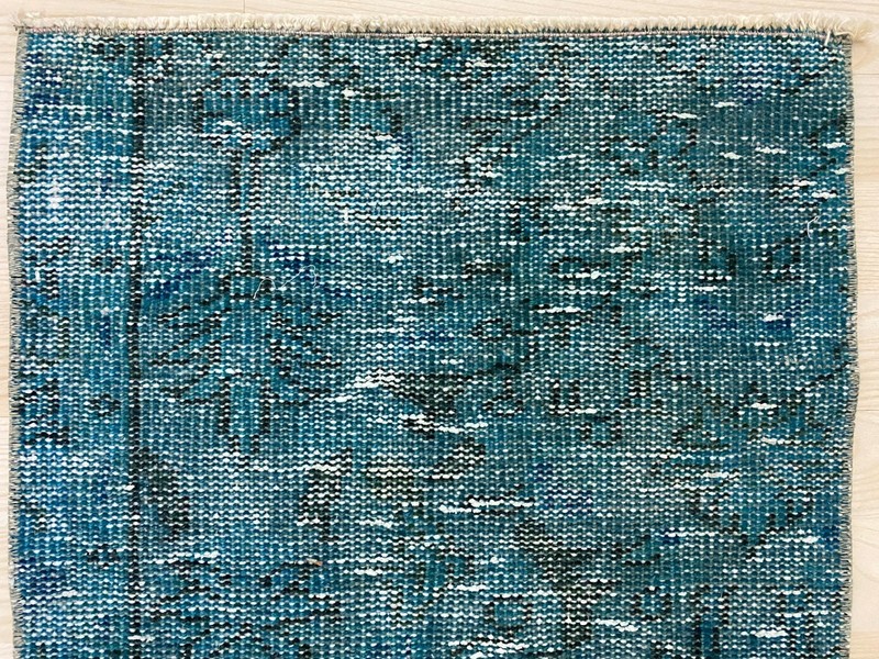 Antique Turkish Rug 1.5x2.8 ft Vintage Turquoise Blue Overdyed Wool Small Mat gallery