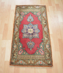 Red Antique Turkish Hand Knotted Door Mat, 1.7×3.3ft, Red Oriental Vintage Rug,