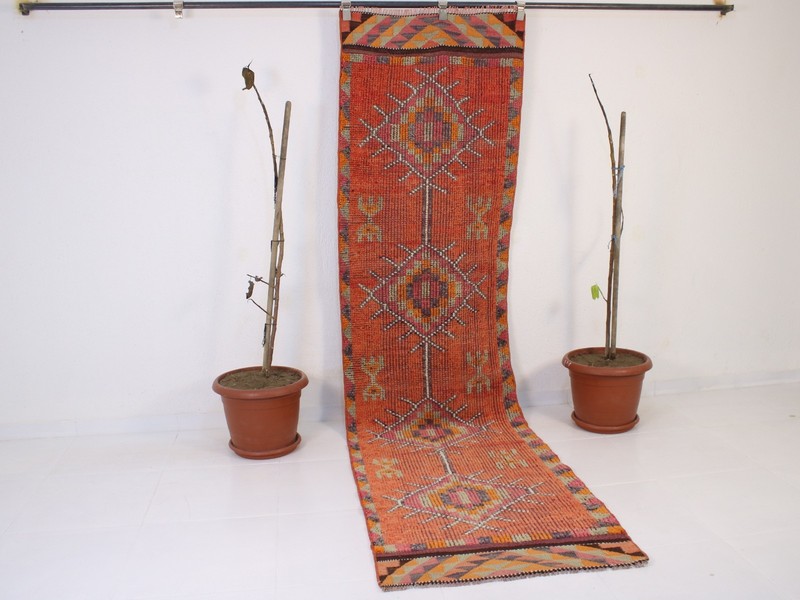 Vintage Hand Knotted Long Runner Rug Orange Teal Distressed Floral 2.6x9.7 ft gallery