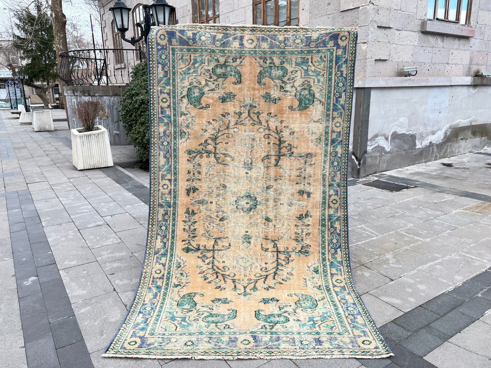 5.2x9 Ft Vintage Turkish Oushak Rug Distressed Peach Teal Wool 5x9 gallery