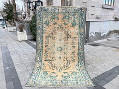 5.2×9 Ft Vintage Turkish Oushak Rug Distressed Peach Teal Wool 5×9